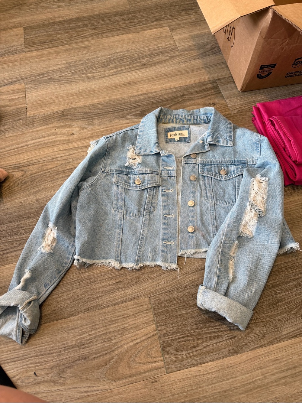 Peach Love California Light Blue Distressed Cropped Denim Jacket